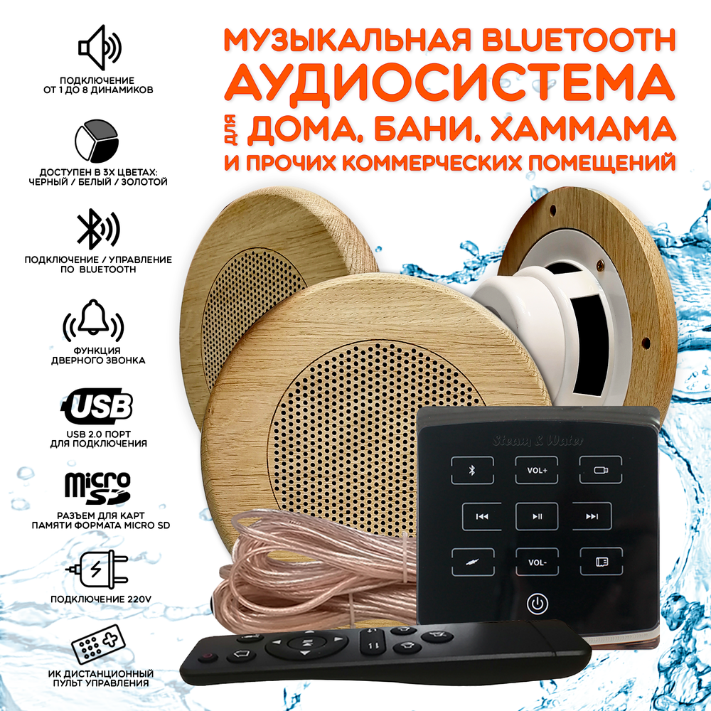 Комплект влагостойкой акустики для бани и сауны - SW3 Black ECO SAUNA (круглая решетка)