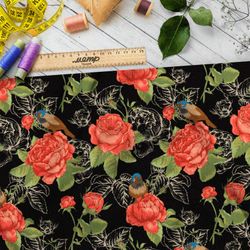 Ткань дюспо алые розы и их наброски на чёрном фоне
