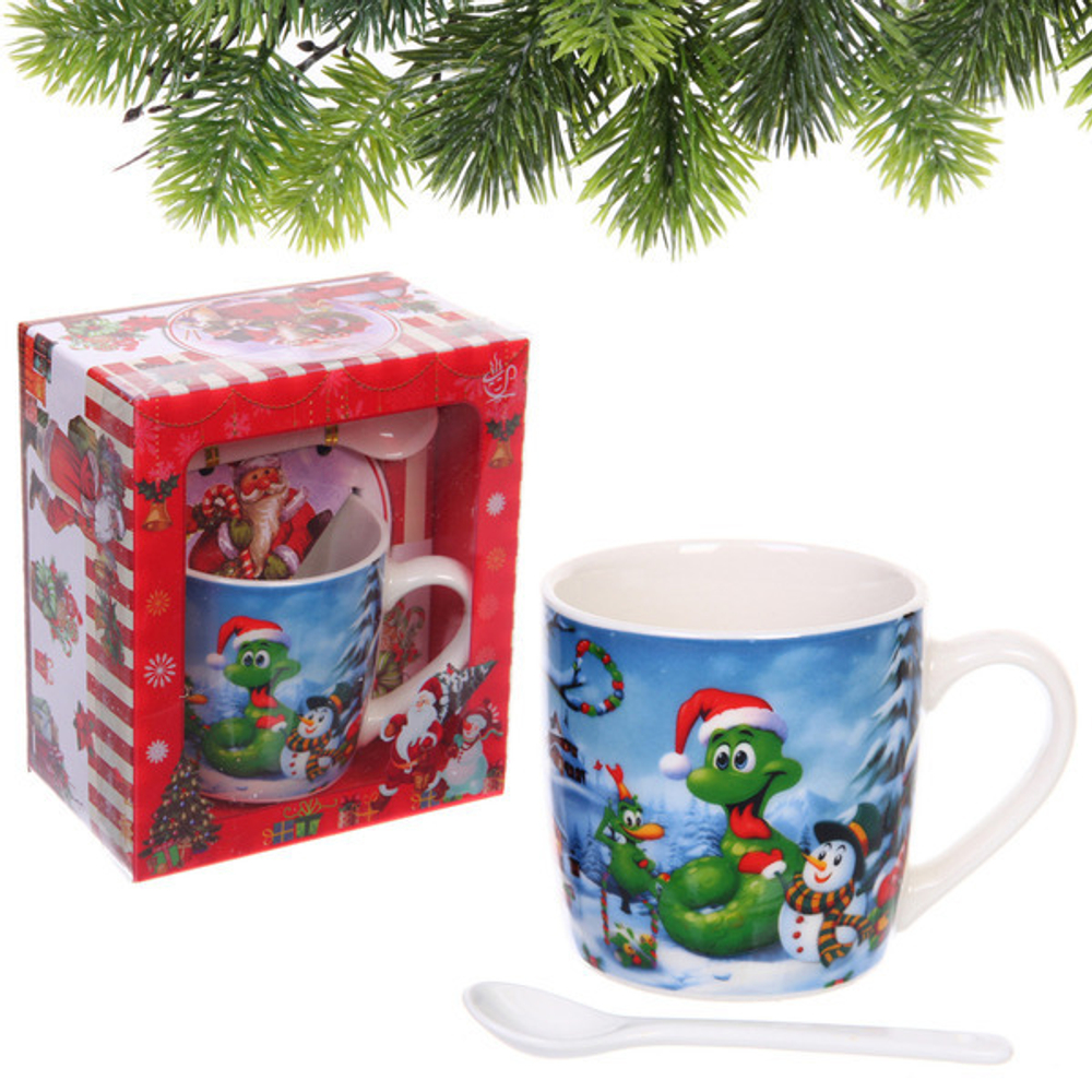 Кружка керамическая 200мл «Милый змей со снеговиком» с ложкой в подарочной коробке