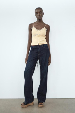 ZARA ТОП В РУБЧИК С КРУЖЕВОМ И ПУГОВИЦАМИ, ВАНИЛЬНЫЙ