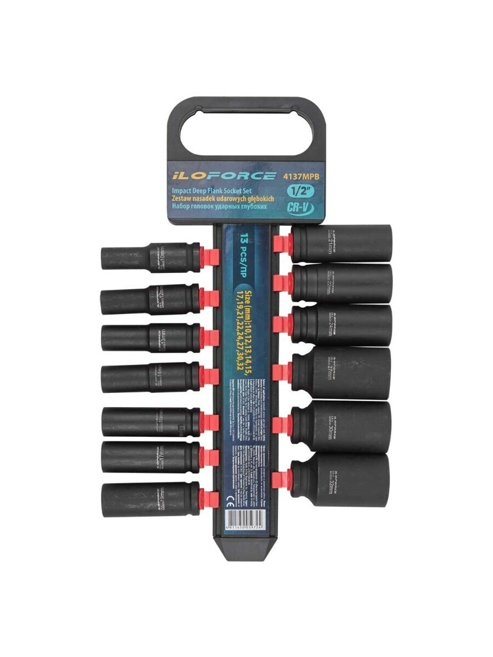 Набор головок ударных глубоких13пр.,1/2''(10, 12-15, 17, 19, 21, 22, 24, 27, 30, 32мм), на пластиковом держателе ILOforce IF-4137MPB