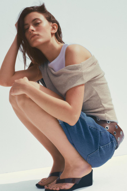 ZARA ДВУХСЛОЙНЫЙ ТОП АСИММЕТРИЧНОГО КРОЯ, БЕЖЕВЫЙ С МЕЛАНЖЕВЫМ ЭФФЕКТОМ