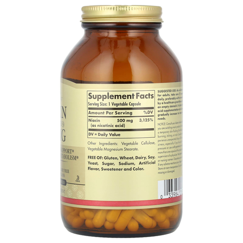 Solgar, Ниацин (витамин B3), 500 мг, 250 растительных капсул