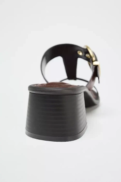 ZARA КОЖАНЫЕ БОСОНОЖКИ НА ШИРОКОМ КАБЛУКЕ, КОРИЧНЕВЫЙ