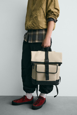 ZARA ПРОРЕЗИНЕННЫЙ РЮКЗАК С КЛАПАНОМ, КОСТЯНОЙ БЕЛЫЙ