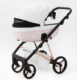 Детская коляска Adamex Quantum Superstar Deluxe 2 в 1 Q-STAR137-K (БЕЛ.КОЖА+РОЗОВ.ДНО+РОЗОВ.ЗОЛОТО РАМА)