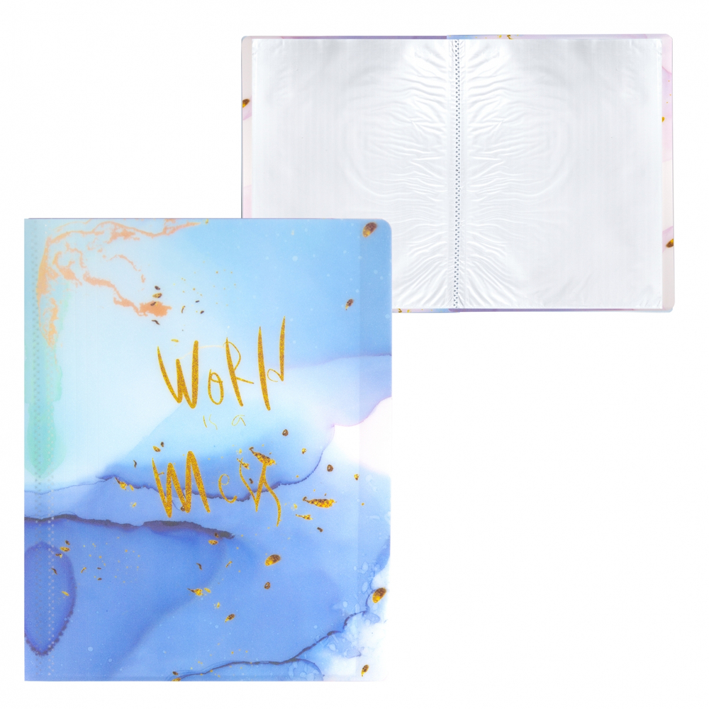 Папка с 30 вкладышами Alingar, А4, 310х235 мм, пластик, 400 мкм, мраморный дизайн с надписью "World", голубой