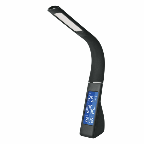 TLD-550 Black/LED/260Lm/4500K/Dimmer Светильник настольный с часами, календарем, термометром, 7W. Сенсорный выключатель. Черный (стилизован под кожу).