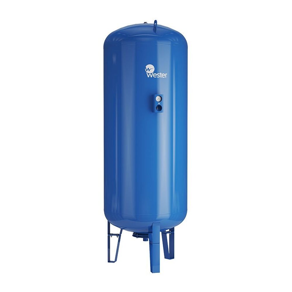 Гидроаккумулятор для водоснабжения WESTER WAV объём 1000л, DN 50, PN 25, вертикальный, резьбовое-НР, G-2&#39;&#39;, с опорами и манометром, голубой, Турция