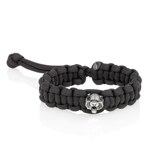 Браслет из чёрного паракорда с шармом Тигр из серебра 925, вид спереди