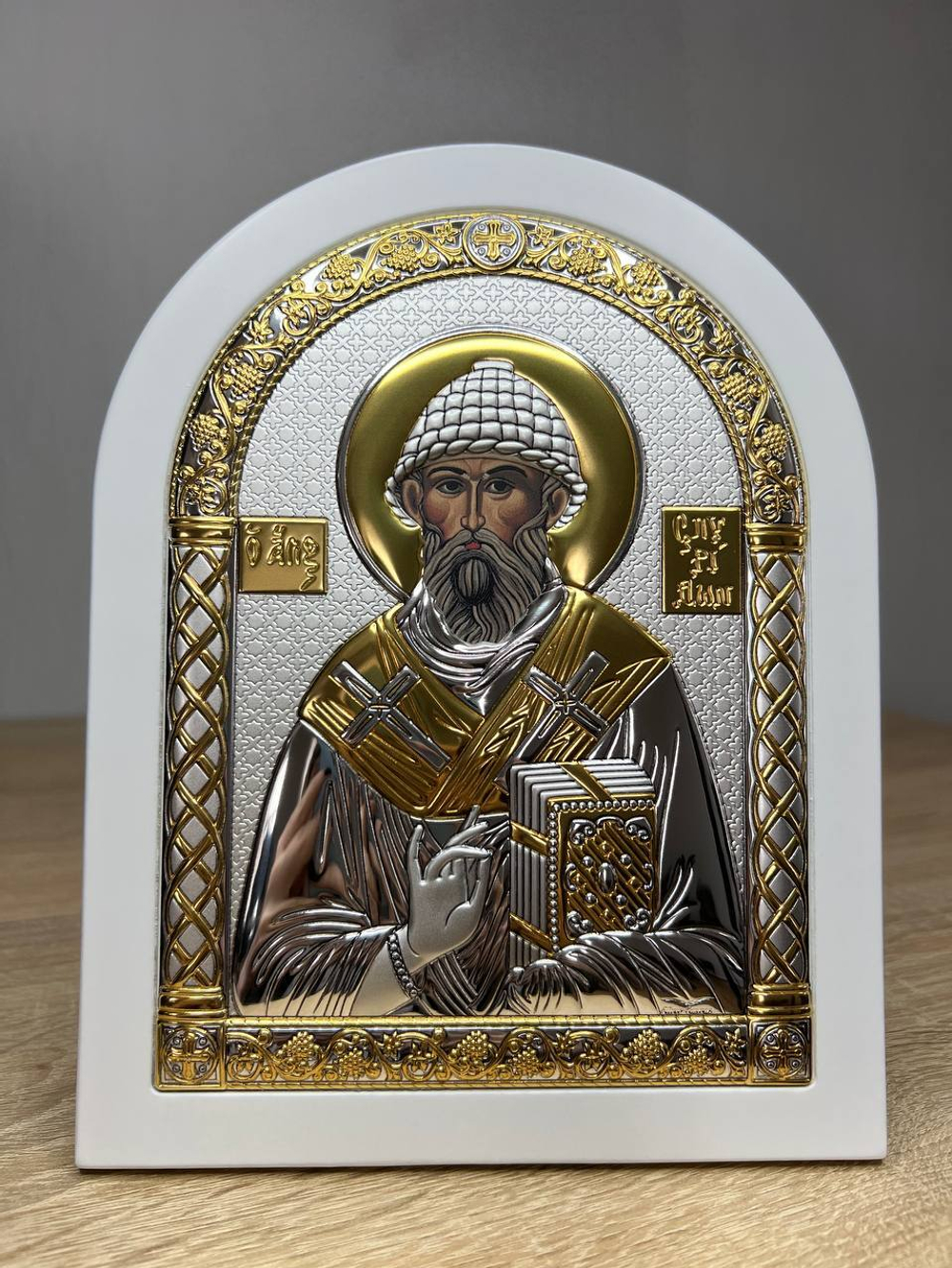 Спиридон, икона арочная, белое дерево 175х225