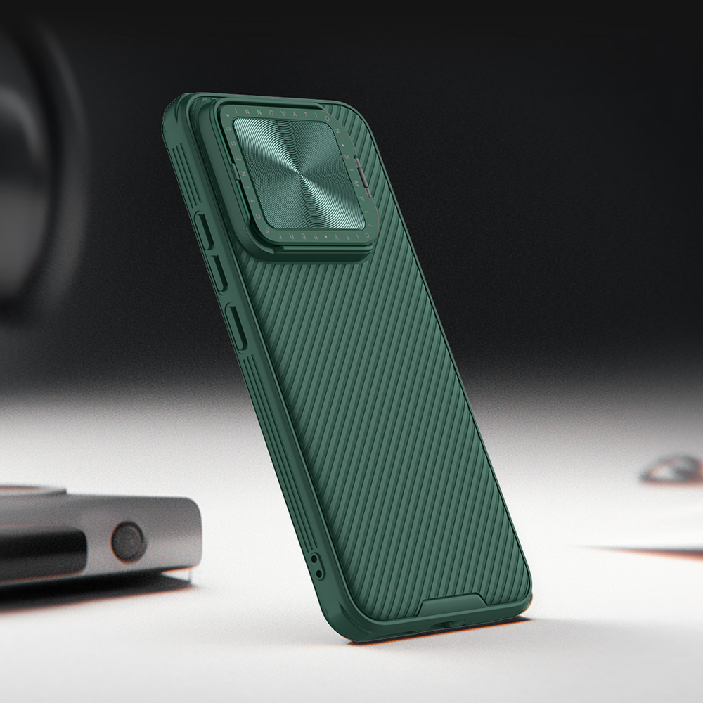 Чехол зеленого цвета (Deep Green) от Nillkin на Xiaomi 14, серия CamShield Prop Case (с откидной защитной крышкой для камеры)