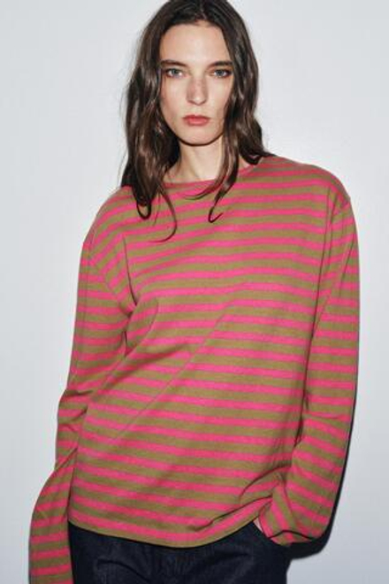 ZARA ФУТБОЛКА В ПОЛОСКУ С ДЛИННЫМИ РУКАВАМИ, ОТТЕНКИ РОЗОВОГО