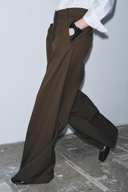 ZARA БРЮКИ С ВЫСОКОЙ ПОСАДКОЙ — ZW COLLECTION, ТЕМНЫЙ ХАКИ