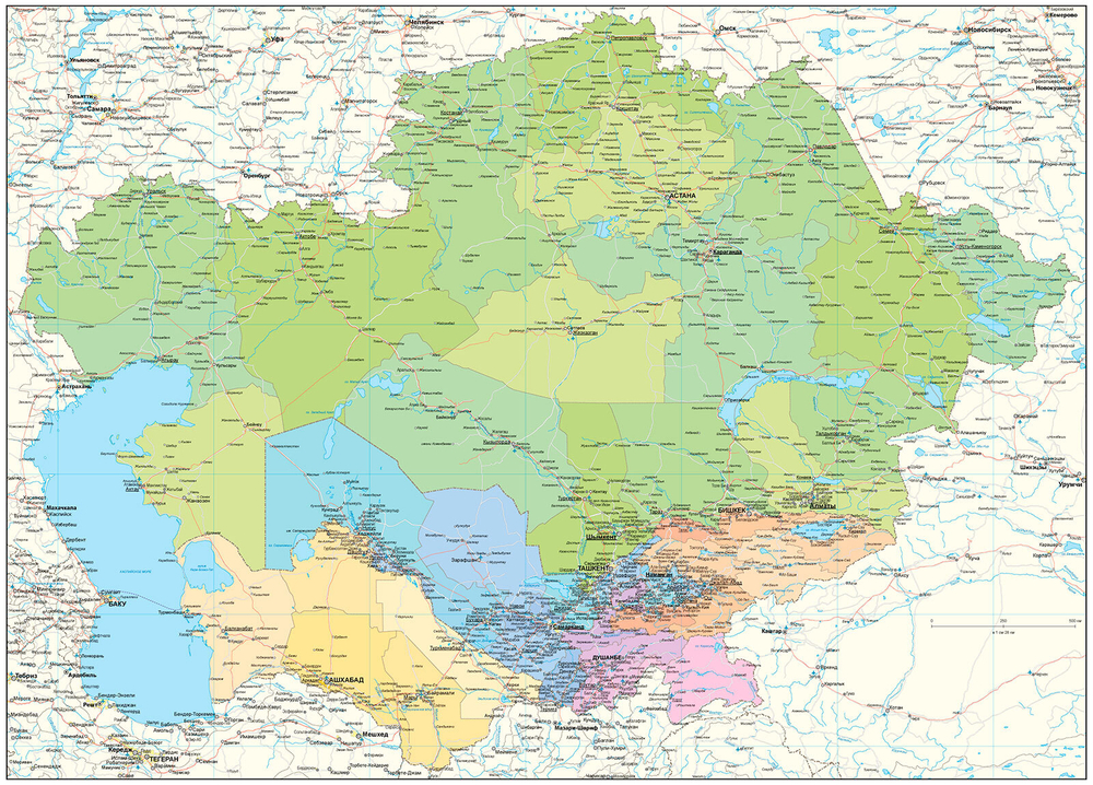 Средняя Азия большая настенная карта рус.яз (150 х 210 см) 2024 год