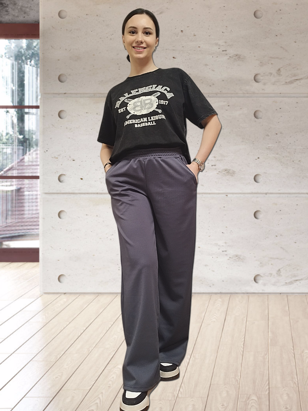 20621 Брюки женские палаццо трикотаж Диор темно-серый (54)