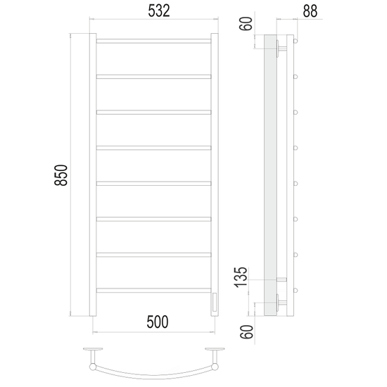 Электрический полотенцесушитель Terminus Классик П8 500x850 электро quick touch, хром