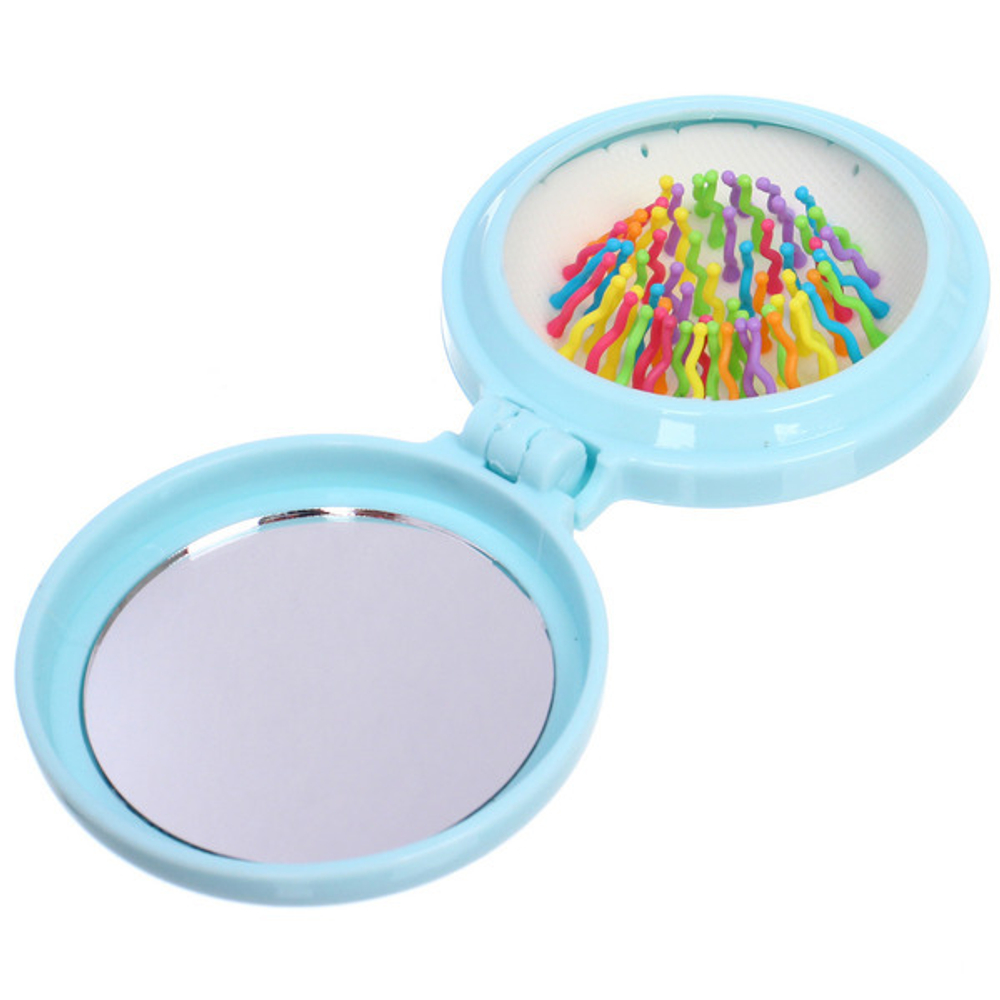 Расческа массажная детская складная «Barbariska», с зеркалом, бабочка, разноцветные зубчики, цвет голубой, d-7см