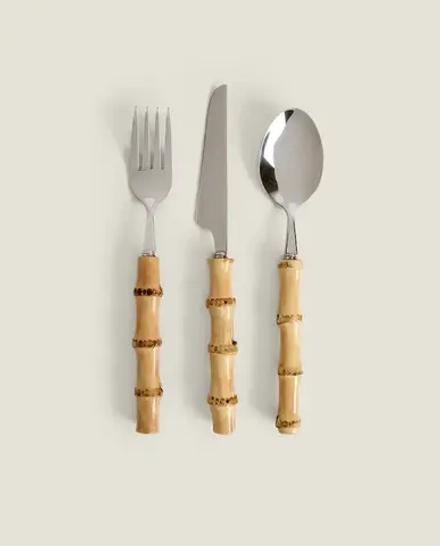 ZARA HOME НАБОР СТОЛОВЫХ ПРИБОРОВ С БАМБУКОВОЙ РУЧКОЙ (НАБОР ИЗ 3 ПРЕДМЕТОВ), КОРИЧНЕВЫЙ