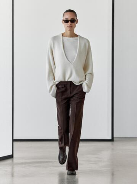 Massimo Dutti Расклешенные брюки с карманом, шоколадный