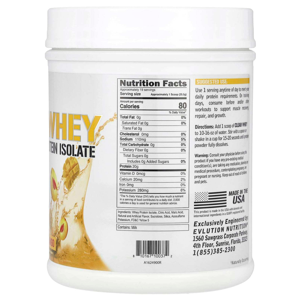 EVLution Nutrition, Clear Whey, 100% изолят сывороточного протеина, персик и манго, 500 г (1,1 фунта)