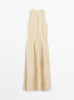 Massimo Dutti Платье миди из 100% хлопка с резинкой на талии, светло-желтый