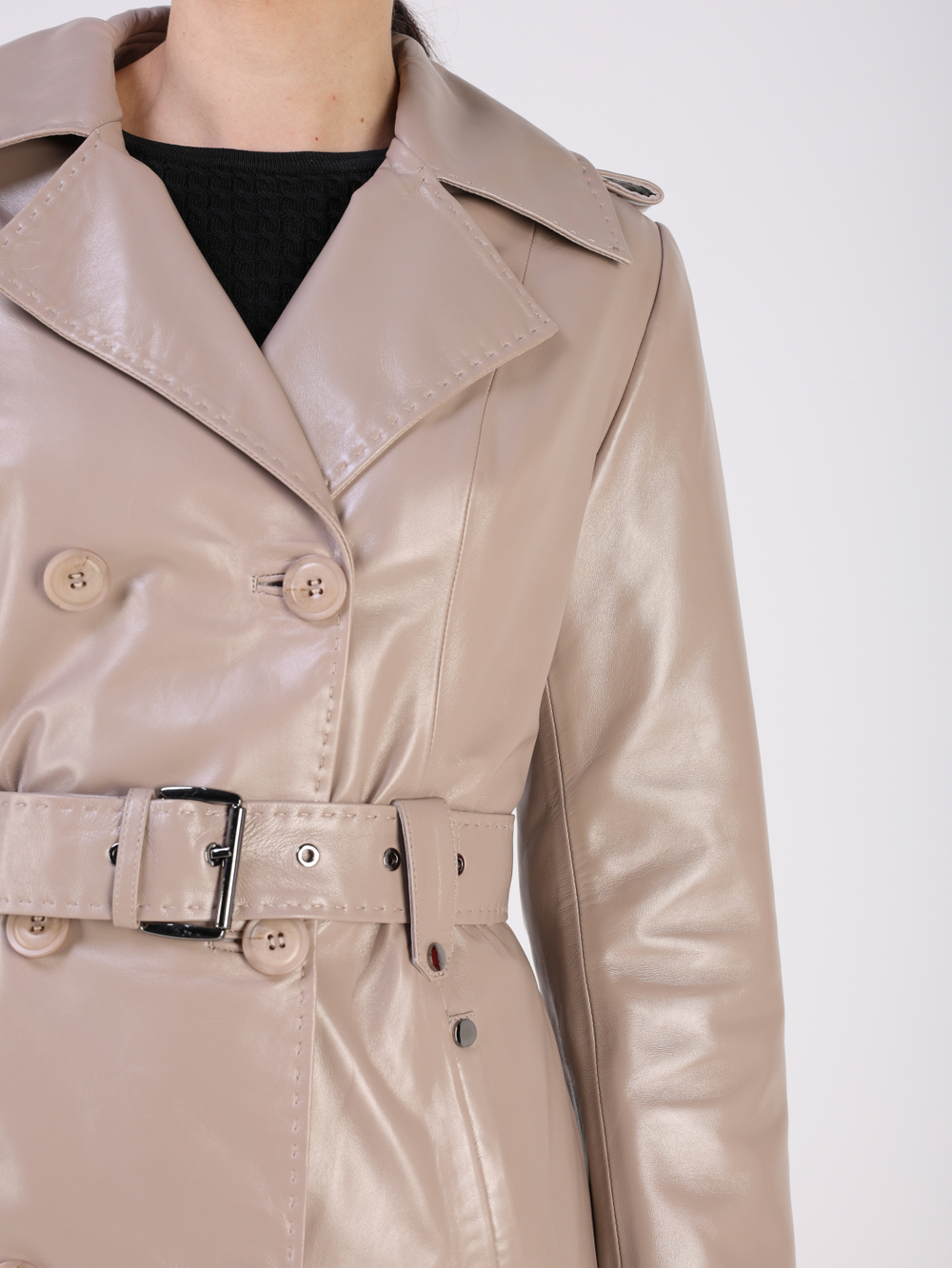 Тренч длинный кожаный с поясом плащ