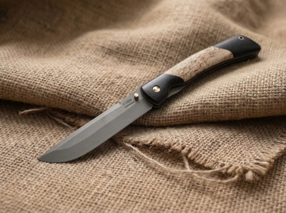 Складной нож "Сойка", сталь Х12МФ, рукоять карельская береза/черный граб