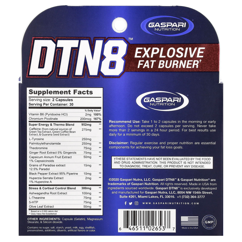 Gaspari Nutrition, DTN8, взрывное средство для сжигания жира, 60 капсул