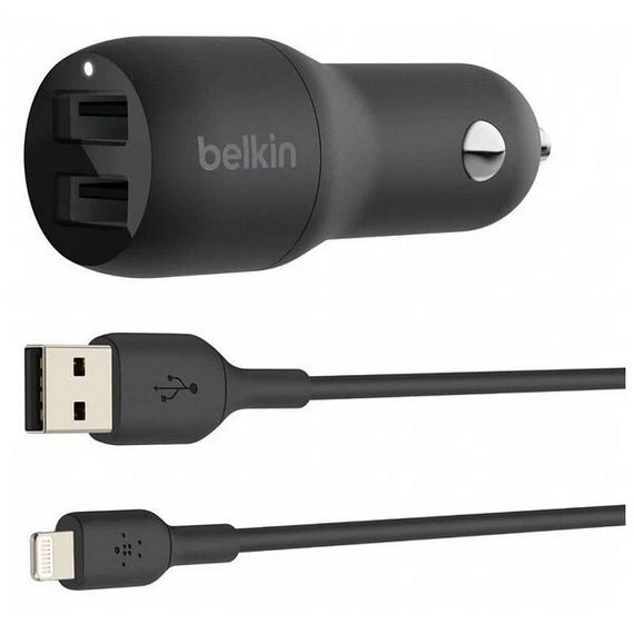 Автомобильное зарядное устройство Belkin 2 USB-A, 24W, кабель USB-A-LTG 1m, черный (CCD001bt1MBK)