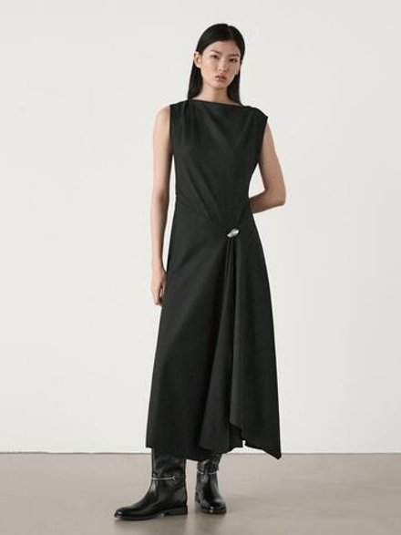 Massimo Dutti Платье миди с брошью, серый