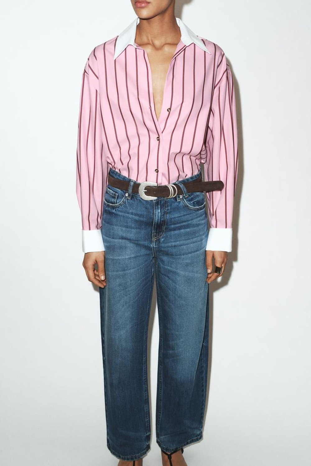 ZARA РУБАШКА ОВЕРСАЙЗ В ПОЛОСКУ С КОНТРАСТНЫМИ МАНЖЕТАМИ, РОЗОВЫЙ/БЕЛЫЙ