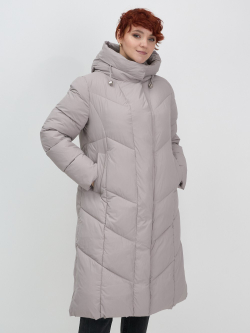 Пальто зимнее утепленное с капюшоном женское серого цвета 7628Sr