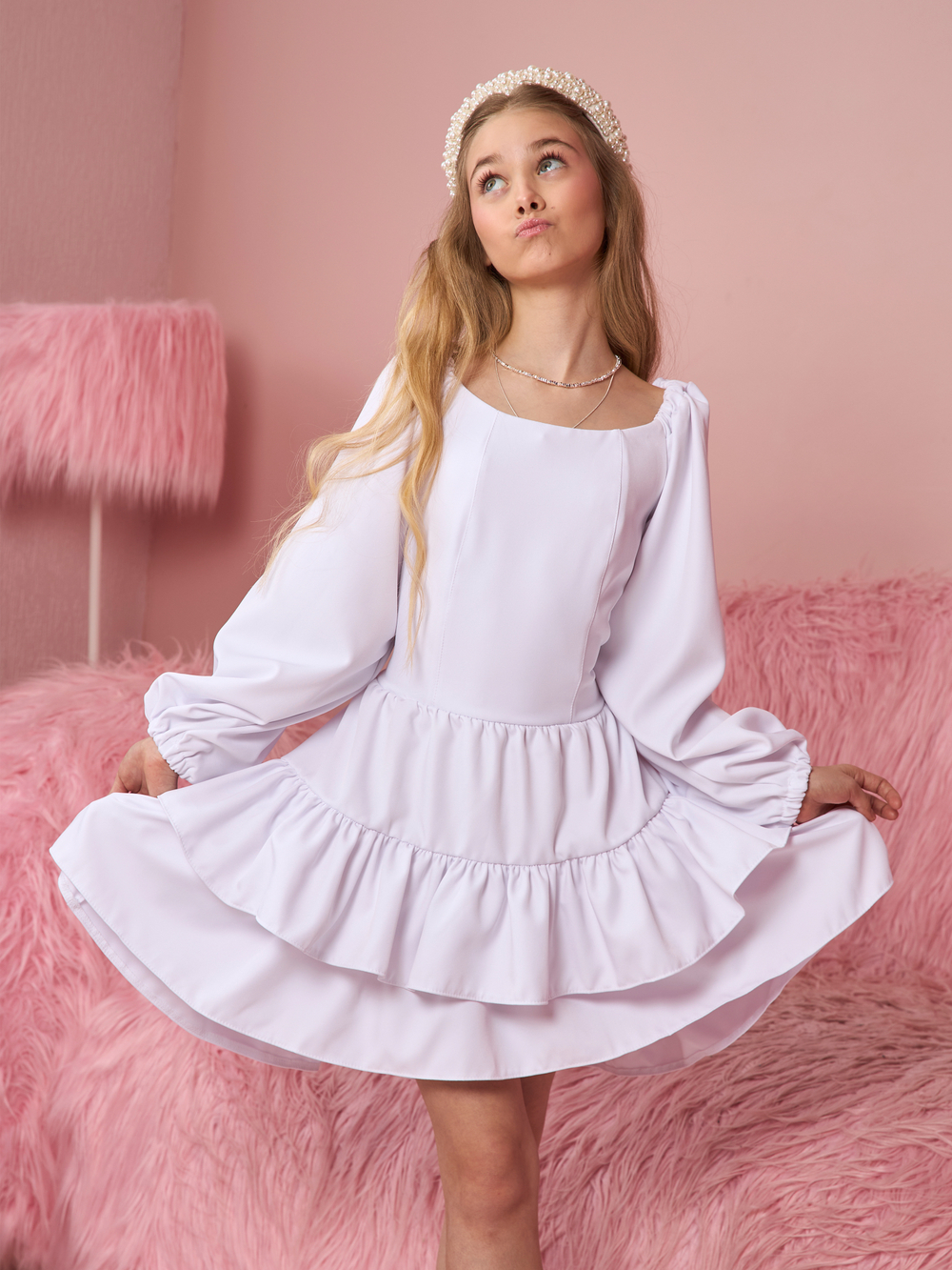 Платье праздничное ярусное с воланами для девочки белое