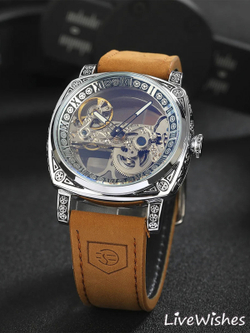 Часы наручные механические скелетоны FORSINING на кожаном ремешке, серебристый/коричневый W8980-01