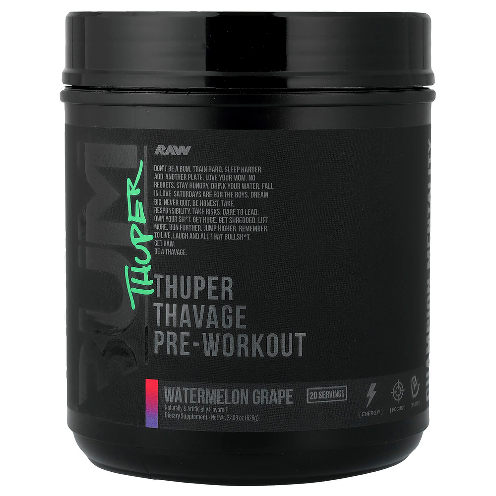 Raw Nutrition, Bum, Tuper Tavage, предтренировочный комплекс, со вкусом арбуза и винограда, 626 г (22,08 унции)