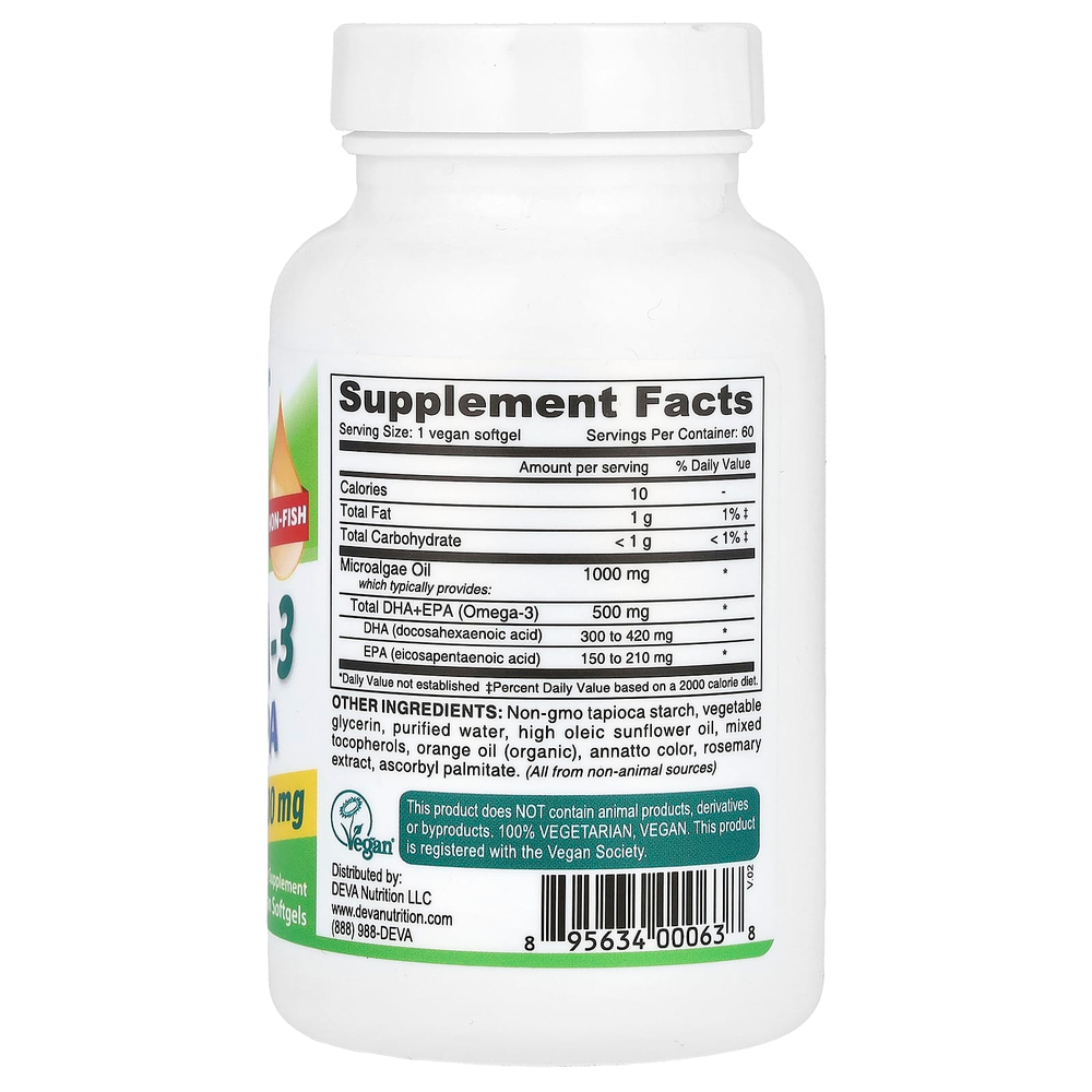Deva, Веганские омега-3 DHA-EPA, 500 мг, 60 веганских мягких таблеток