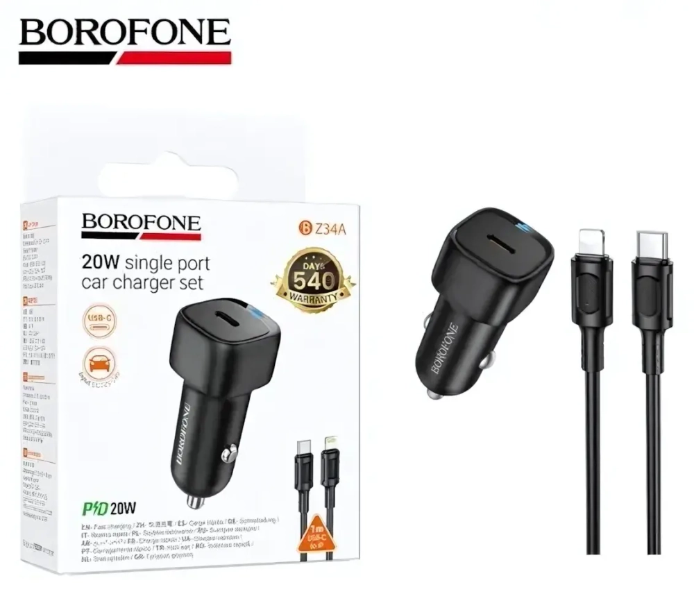 Автомобильное зарядное устройство Borofone BZ34A Type-C Lightning PD20W чёрный