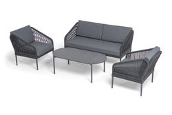 "Канны" лаунж-зона 4-местная (разборная) из роупа со столиком "Диего" цвета "серый гранит", роуп темно-серый круглый, ткань темно-серая