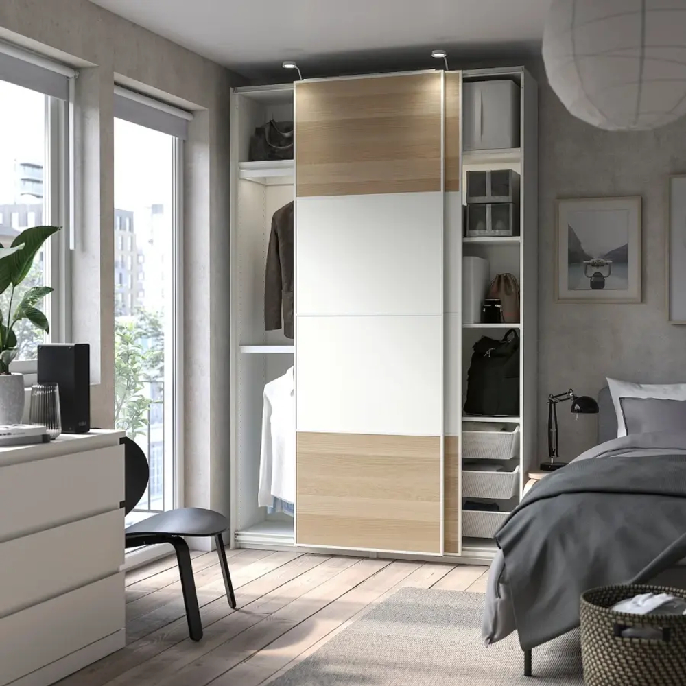 Шкаф-купе- PAX/MEHAMN IКЕА/ПАКС/МЕХАМН ИКЕА, 236,4х150х44 см, бежевый/белый