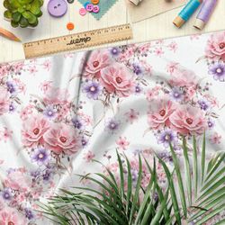 Ткань мембрана пышные розовые цветы и васильки на бежевом фоне