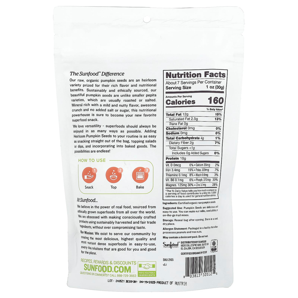 Sunfood, Необработанные органические семена тыквы семейной реликвии, 227 г (8 унций)