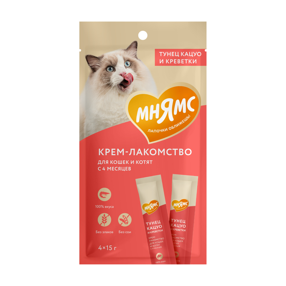 Крем-лакомство МНЯМС для кошек с тунцом Кацуо и креветками - 4*15 гр