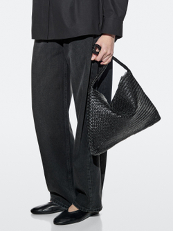 Massimo Dutti Сумка через плечо из плетеной кожи среднего размера, черный