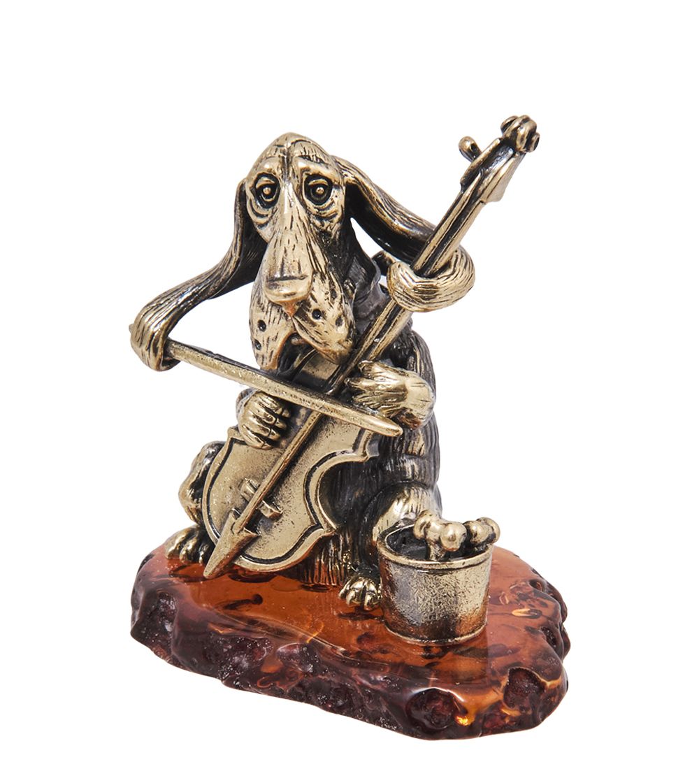 Народные промыслы AM-4084 Фигурка «Бассет Уличный музыкант» (латунь, янтарь)