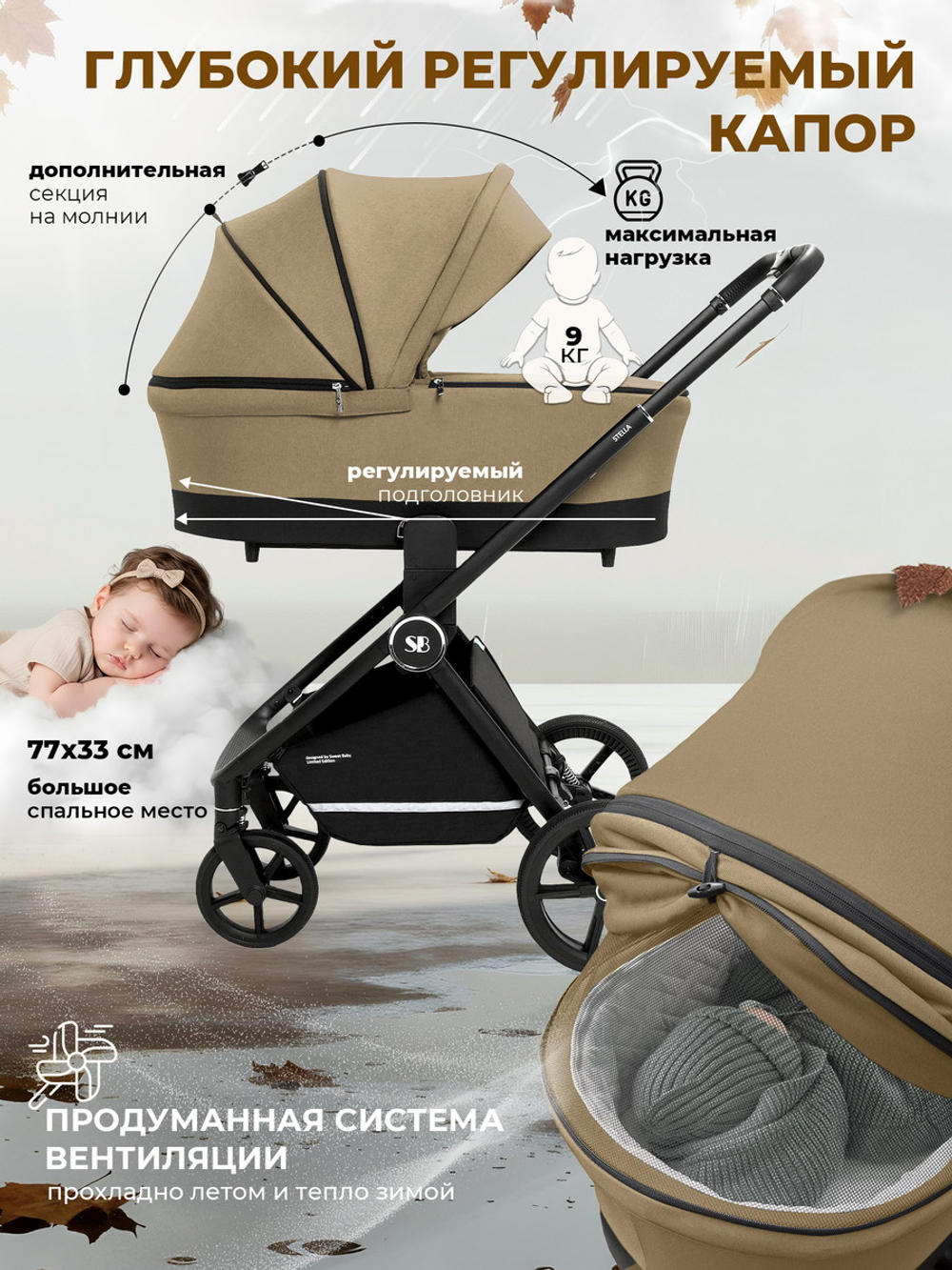 Коляска 4 в 1 Sweet Baby Stella + автокресло Elegante Plus с базой i-Size ISOFIX DK780 Beige