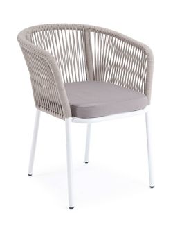 "Марсель" стул плетеный из роупа, каркас алюминий белый муар, роуп бежевый круглый, ткань бежевая 035