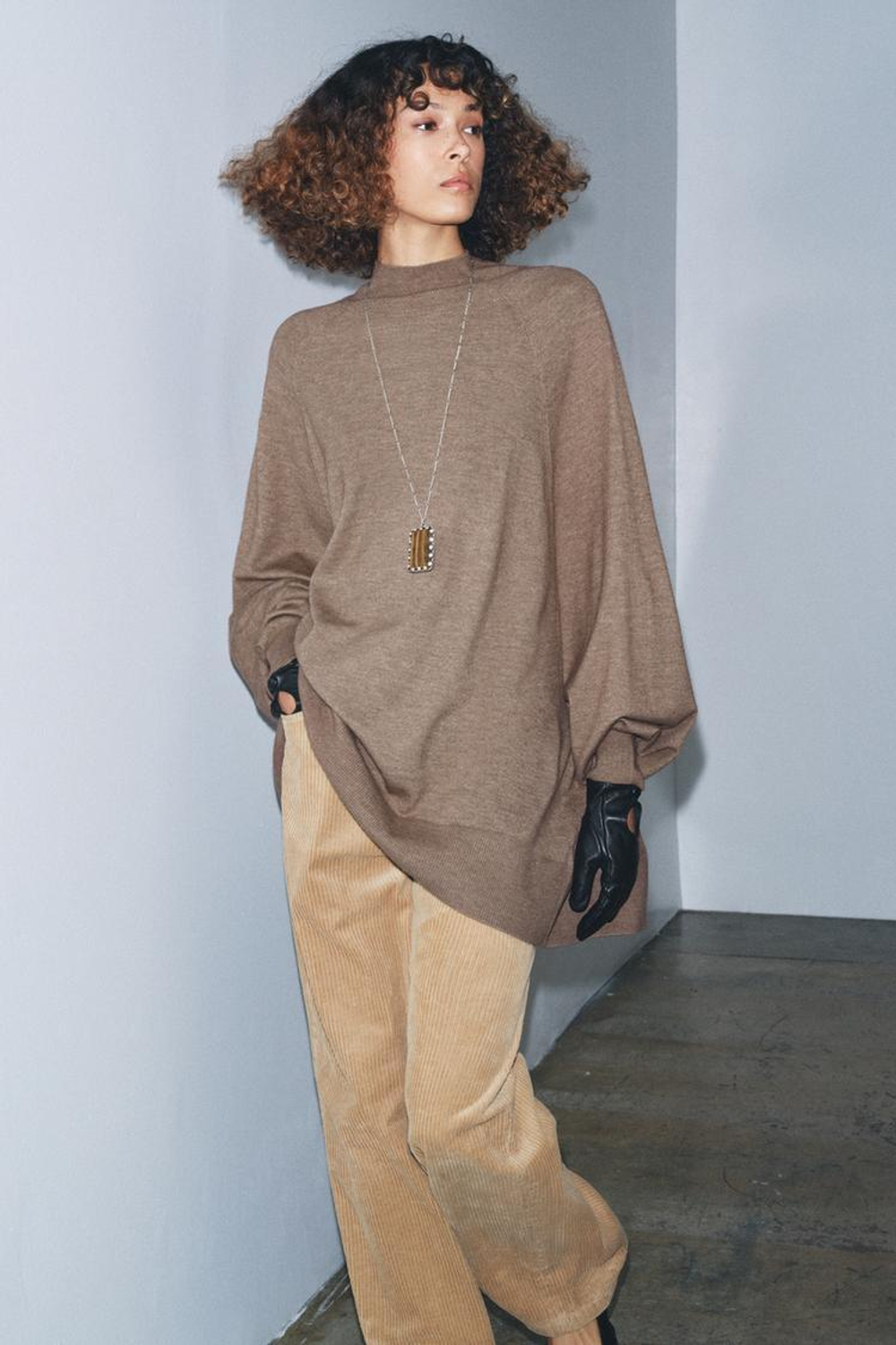 ZARA СВИТЕР ОВЕРСАЙЗ С ВОРОТНИКОМ PERKINS, СЕРОВАТО-КОРИЧНЕВЫЙ