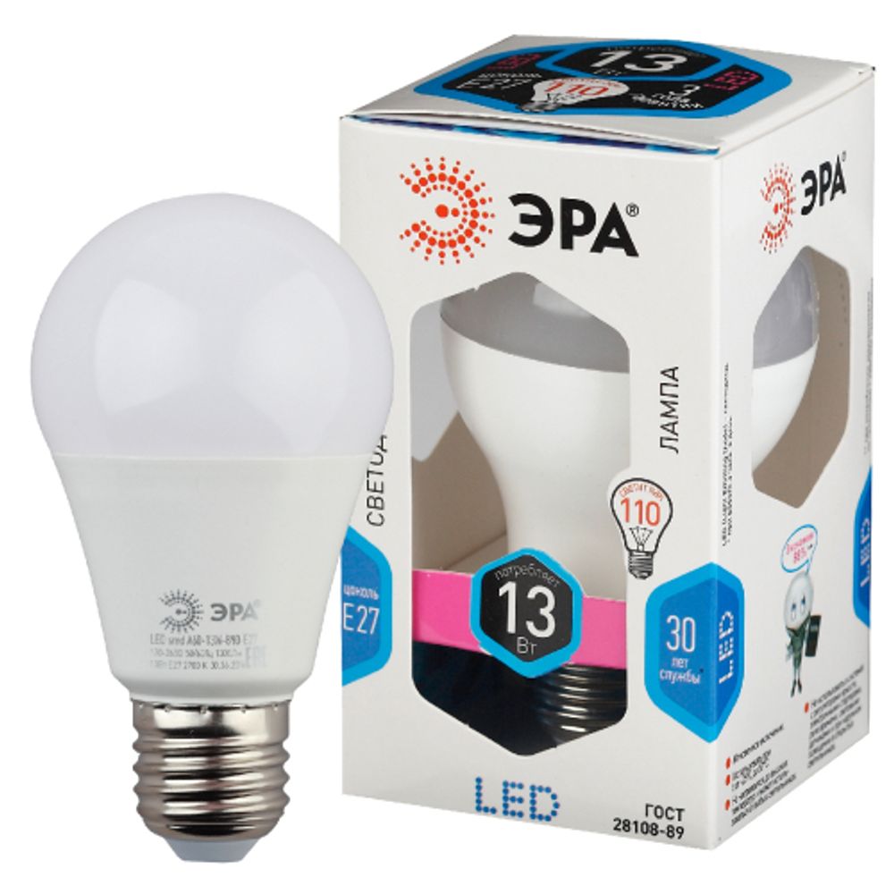 Лампочка светодиодная ЭРА STD LED A60-13W-840-E27 E27 / Е27 13 Вт груша нейтральный белый свет | Лампы cветодиодные Груша (A)