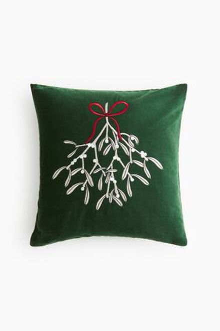 H&M HOME РОЖДЕСТВЕНСКИЙ БАРХАТНЫЙ ЧЕХОЛ НА ПОДУШКУ С ПРИНТОМ, ТЕМНО-ЗЕЛЕНЫЙ